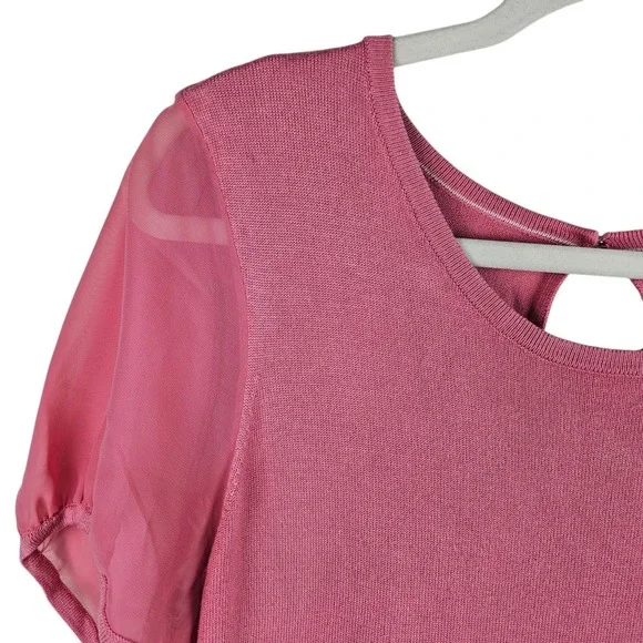 White House Black Market Womens Knit Top‎ Pink Sheer Sleeve Keyhole Back L - Picture 2 of 11
